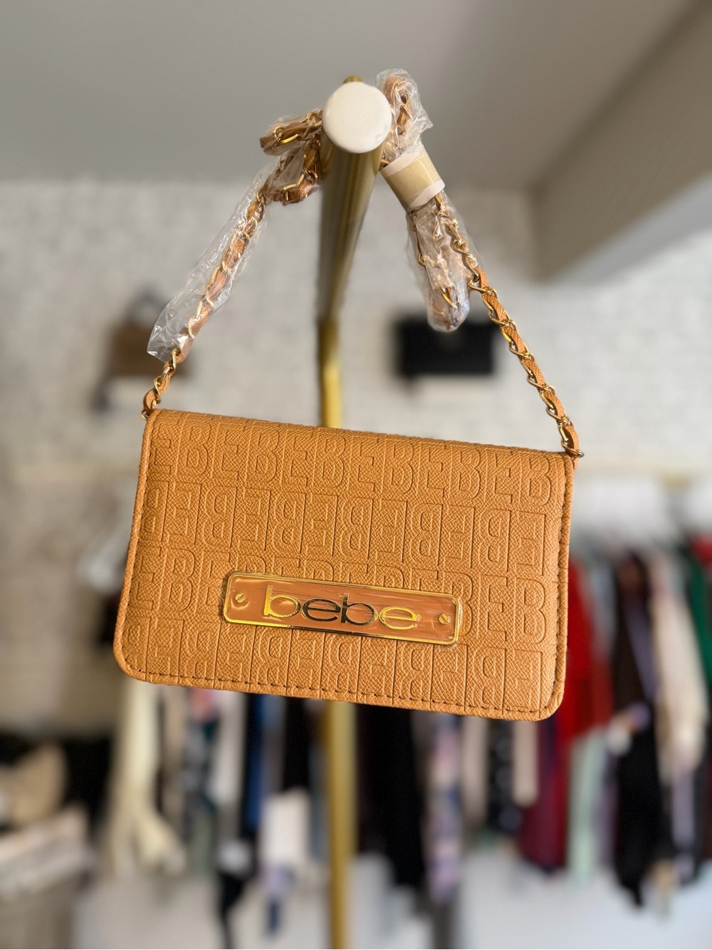 NWT bebe Embossed Logo Chain Shoulder Bag Camel
